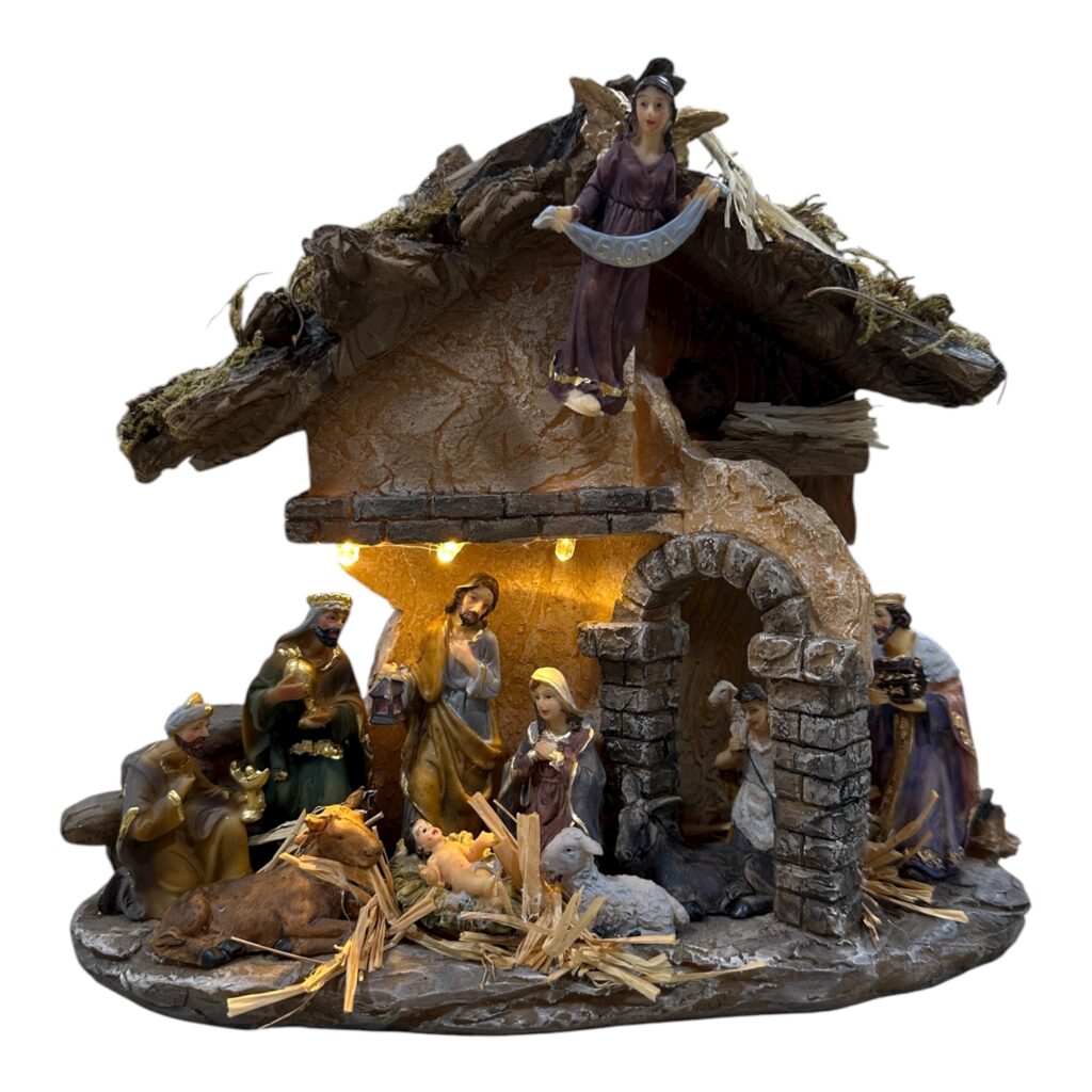 Pesebre sagrada familia resina con luz y ángel