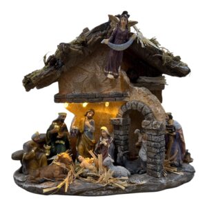 Pesebre sagrada familia resina con luz y ángel