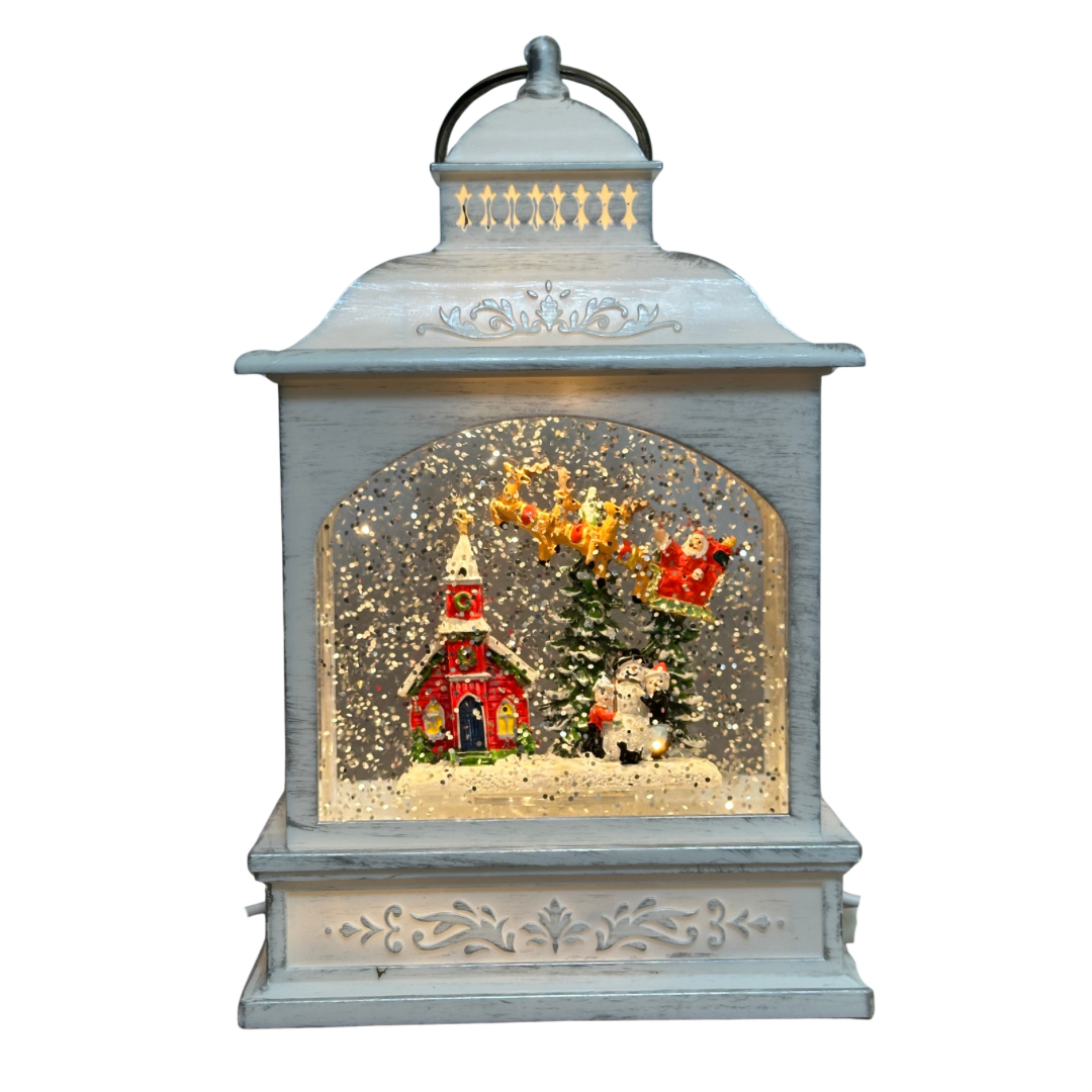 Farol blanco con santa en trineo volando .