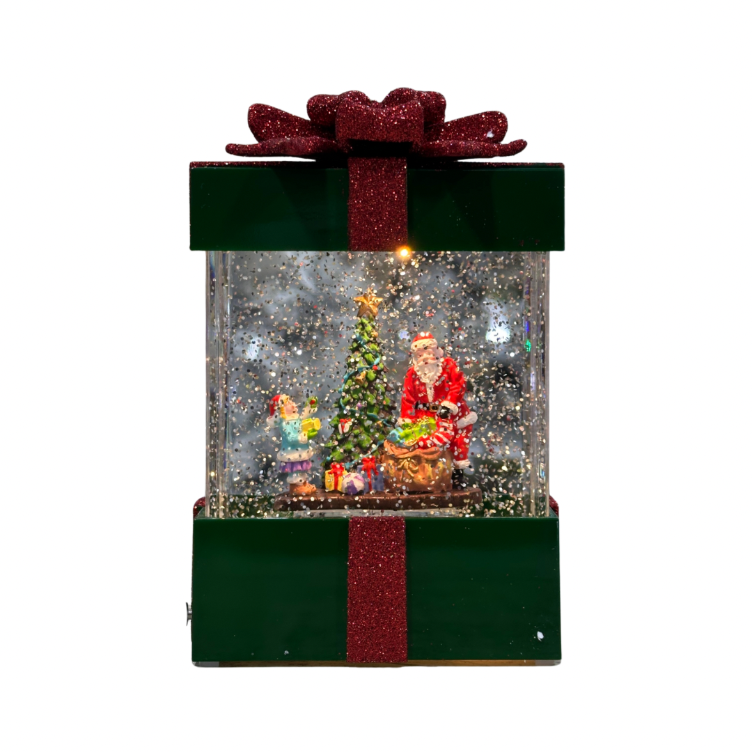 Caja de regalo con santa y niño.